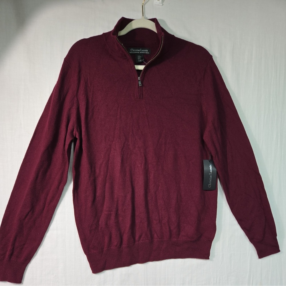 NWT Christian Lacroix Men's Med Burgundy 100% Merino Wool Quarter Zip Sweater